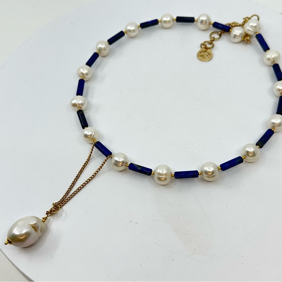 C106 New Handmade Natural Freshwater Pearl and Lapis Lazuli Choker - Picture 4 of 14